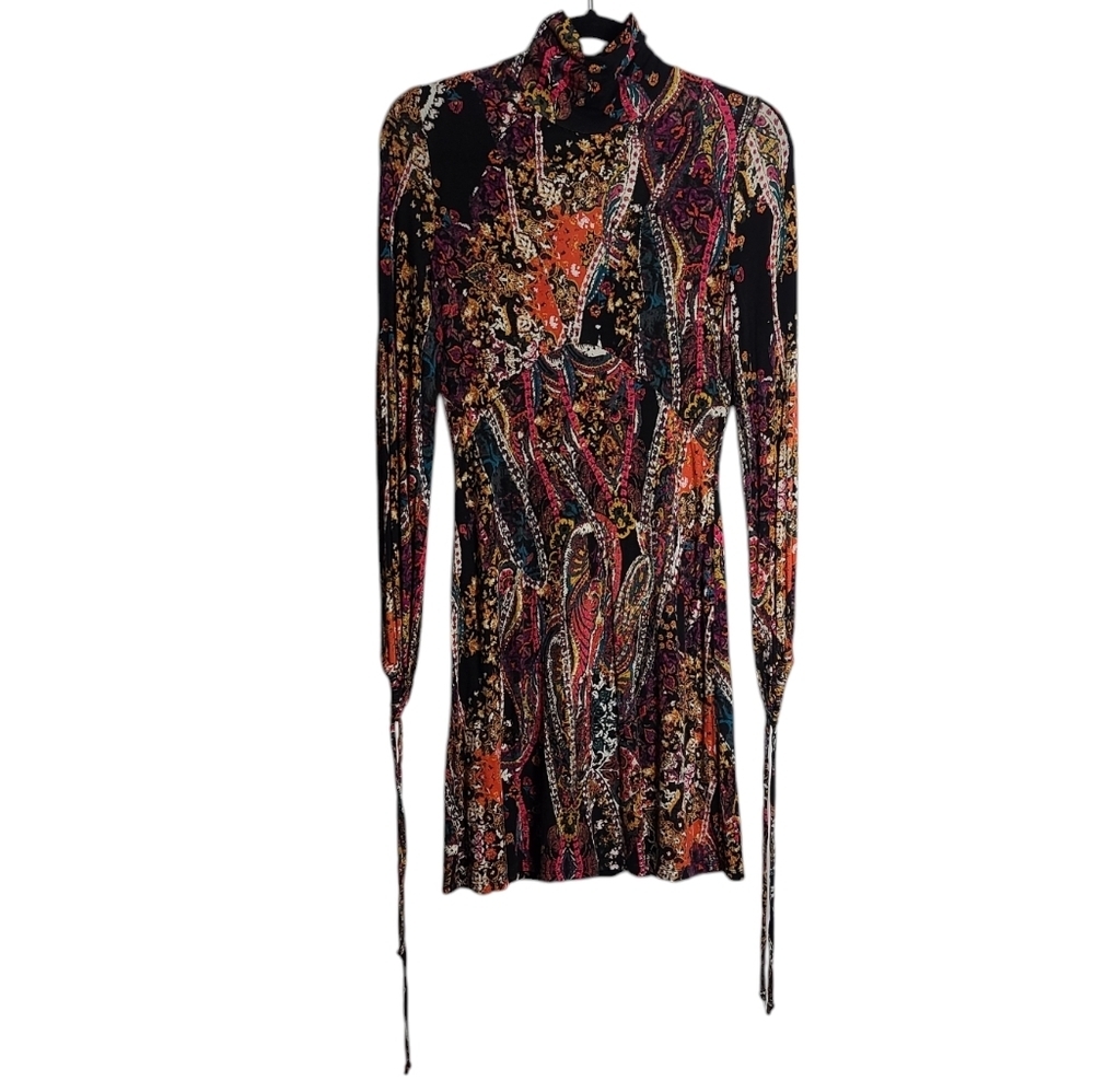 FREE PEOPLE All Dolled Up Paisley High Neck Open Back Long Sleeve Mini Dress Sm